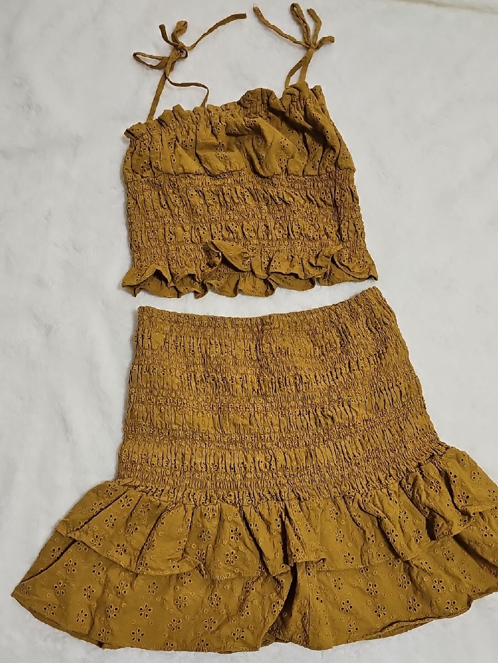 SO Mustard Smocked Eyelet Two-Piece Skirt Set